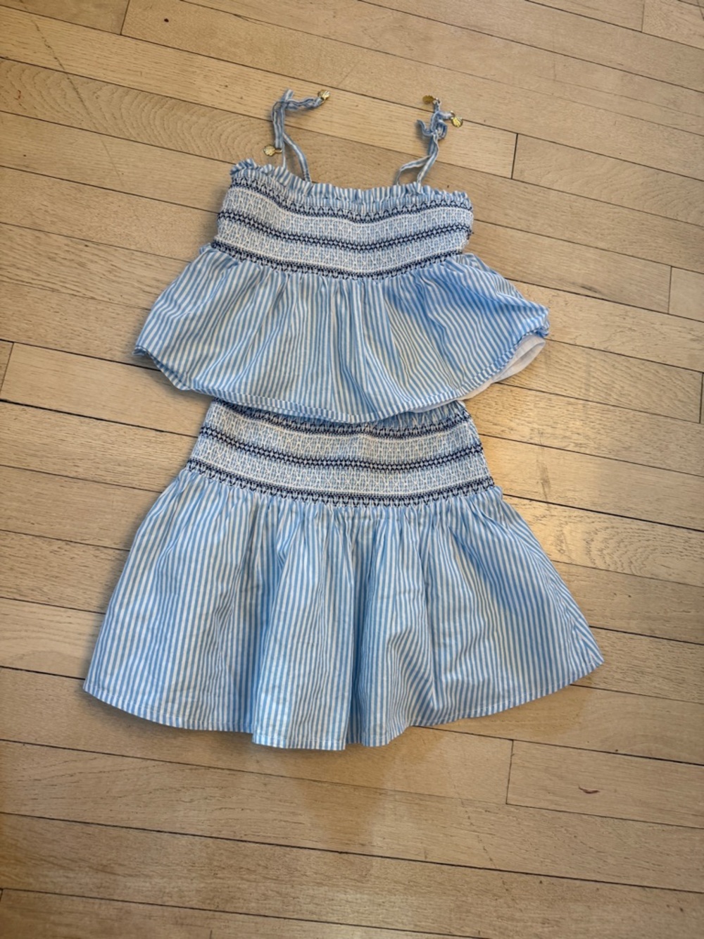 Striped Blue Smocked Two-Piece Top and Skirt Set
